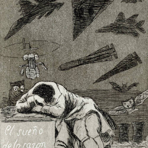 Black and white print of a woman with her hands covering her head as she lays on a desk with various planes behind her.